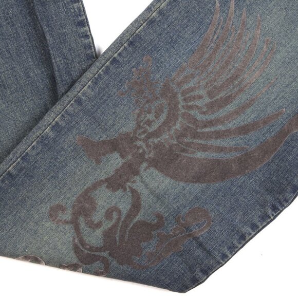 Y London Stretch Flare Jeans Flocked Velvet Design Denim Blue Zip Fly Retro 30 - Picture 4 of 8